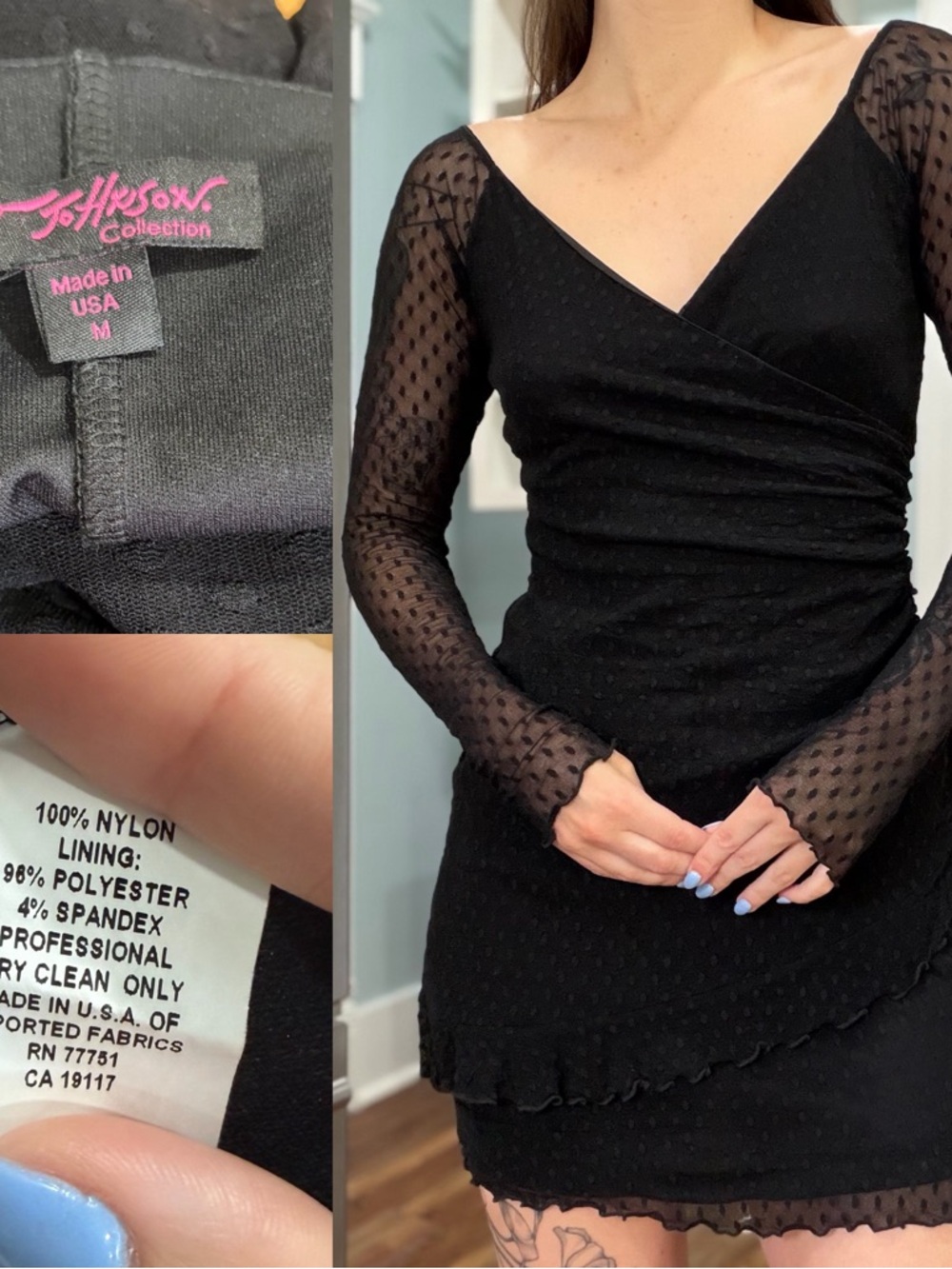 Vintage 90s/Y2K Betsey Johnson Swiss Dot Mesh Sleeve Ruched Mini Dress - Picture 2 of 6